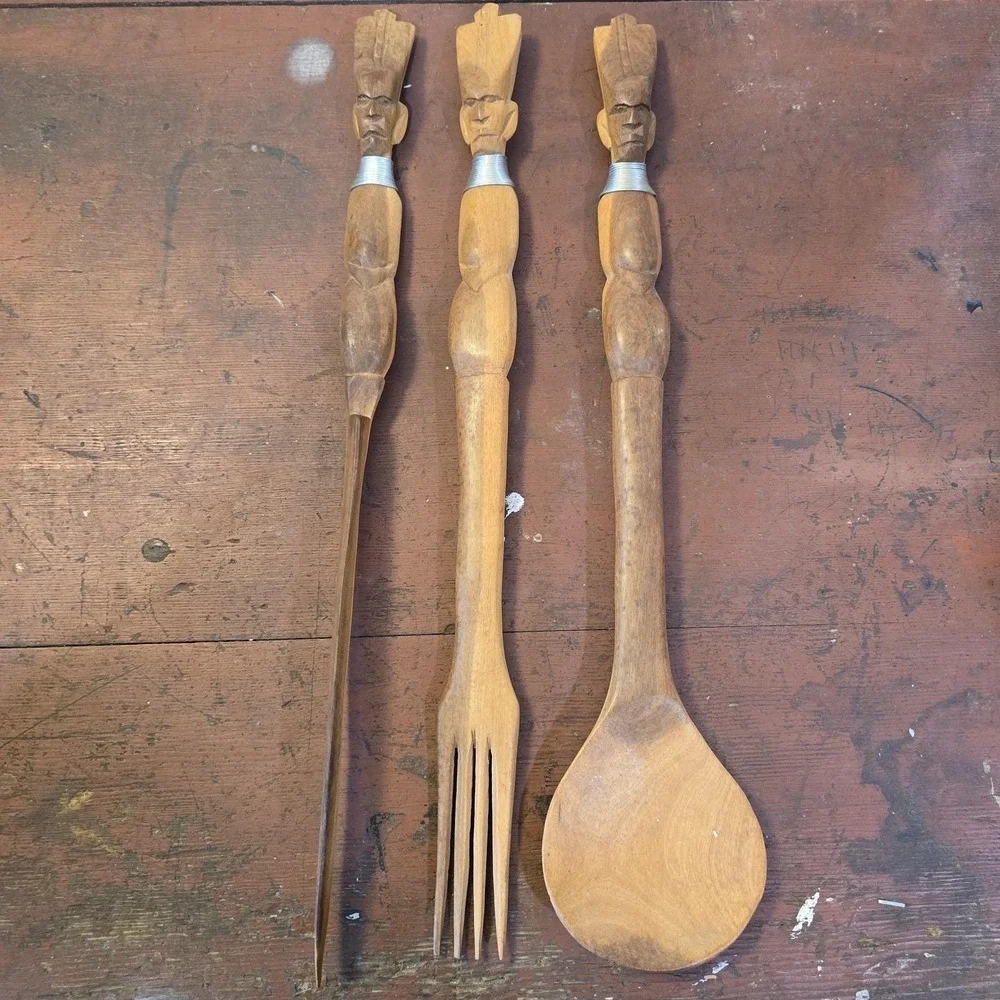 Vintage Hand Carved Wooden Utensil Set Tribal African Decor Art Spoon Fork